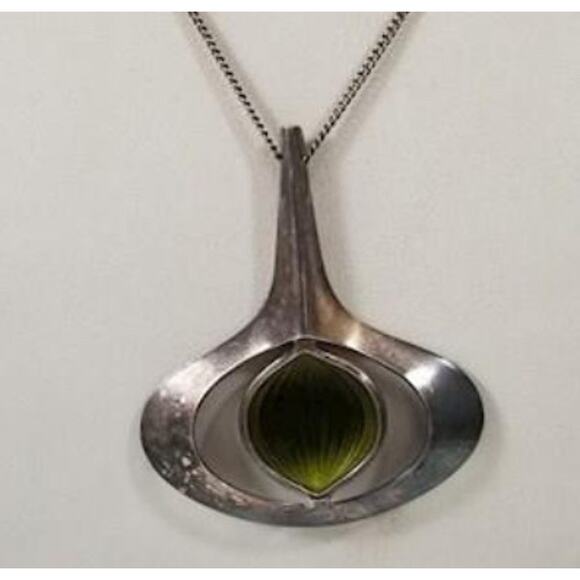 Sterling Silver Aksel Holmsen Norway Enamel Guilloche Modernist Pendant Necklace - Picture 5 of 7